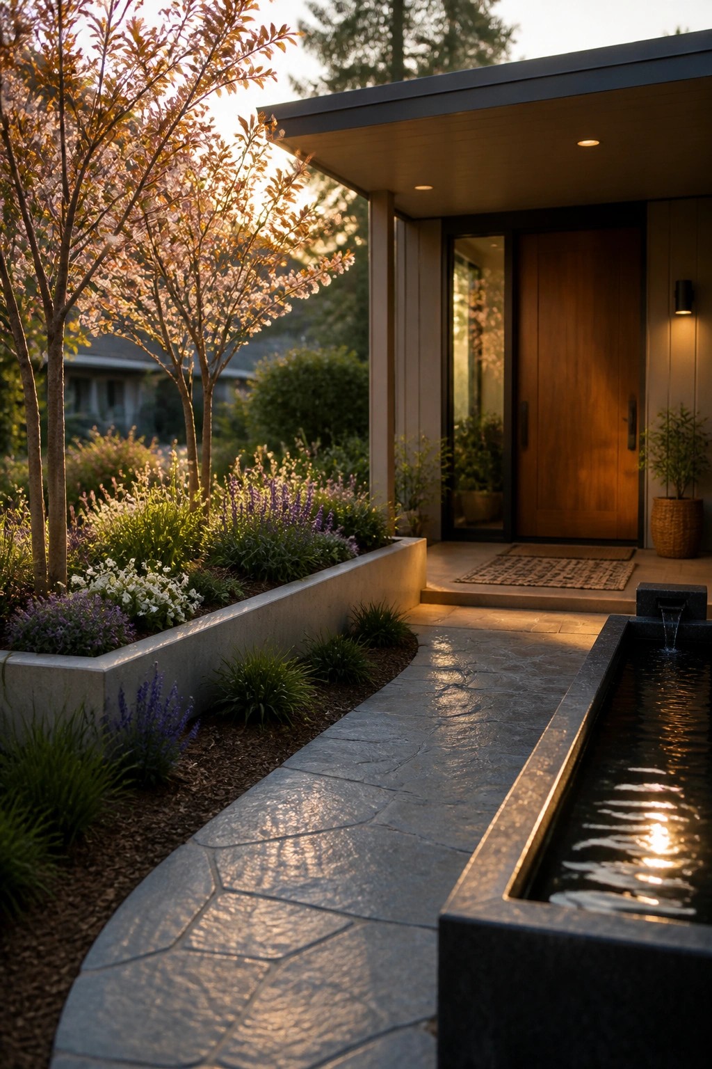 A modern house front entry with a curved stone path leading to a wooden door, a long rectangular water feature running parallel to the path, and raised garden beds with trees and flowering plants.