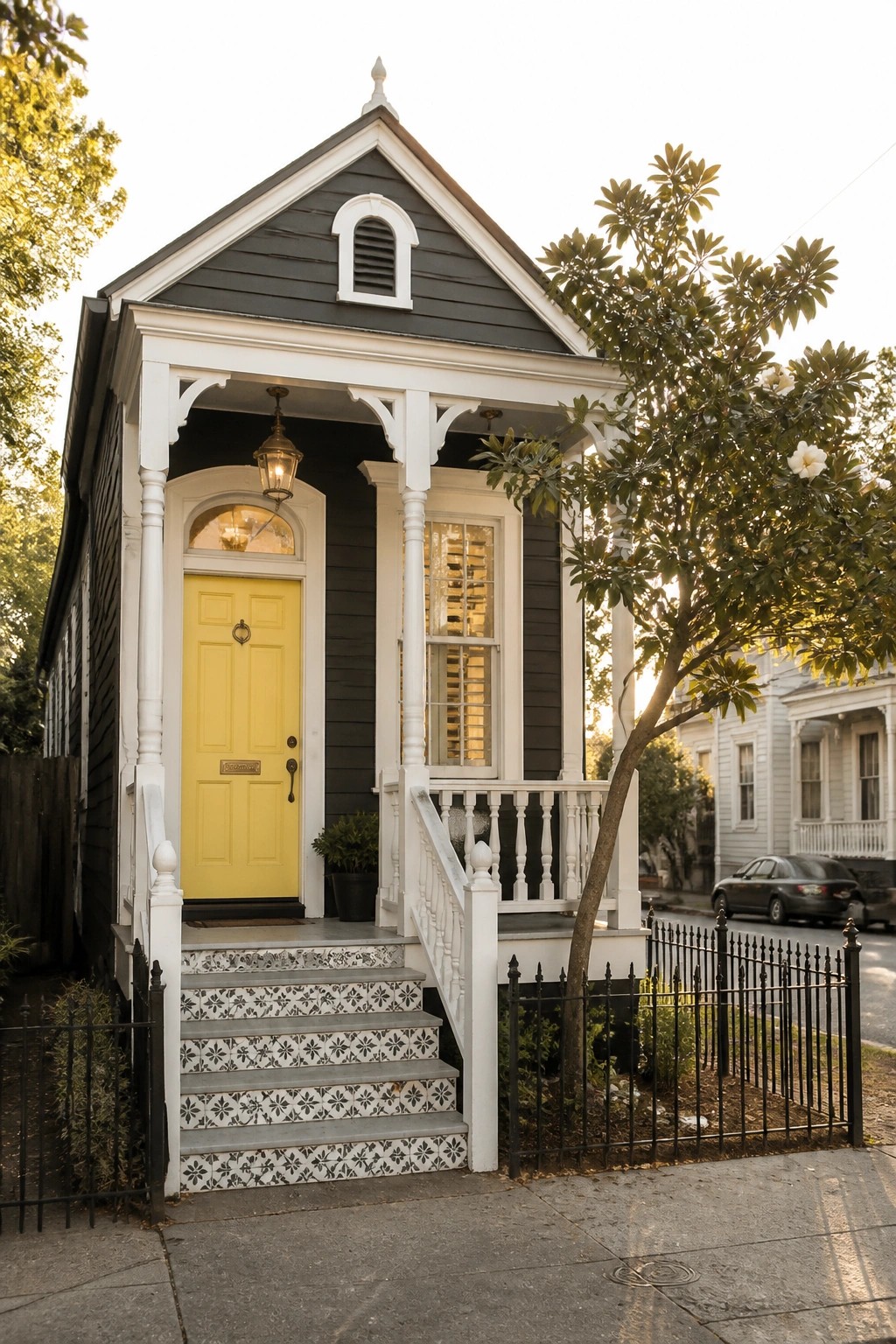 A small dark gray house with white trim, a bright yellow front door, patterned tile steps, and a small white porch.