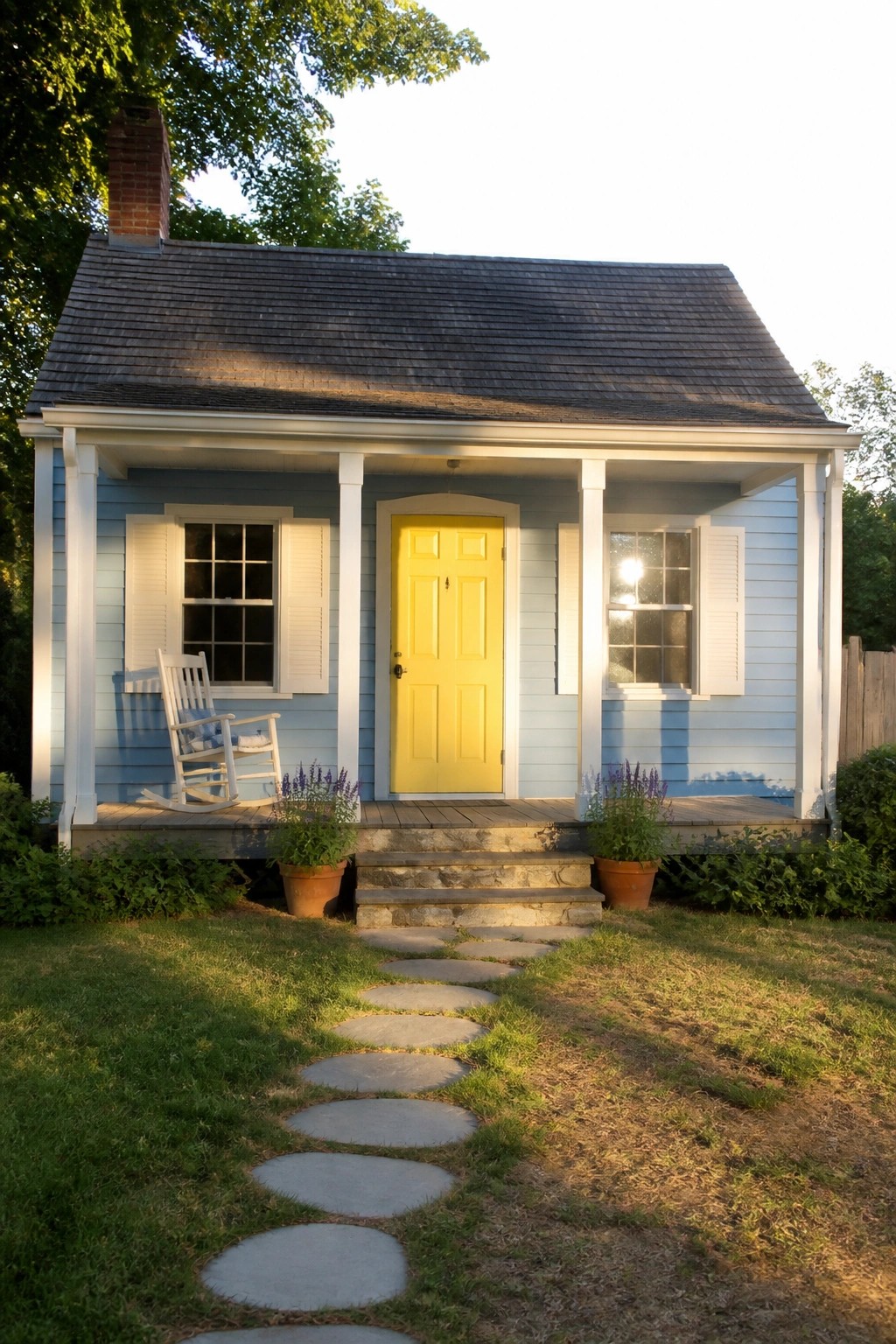 A small light blue house with white trim, a bright yellow front door, a covered porch, and a stone pathway leading through the front yard.