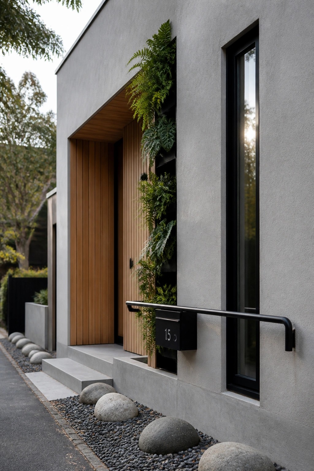 A gray concrete house exterior with a vertical garden of ferns and leafy plants next to a wooden door, a black mailbox, and a tall black window.
