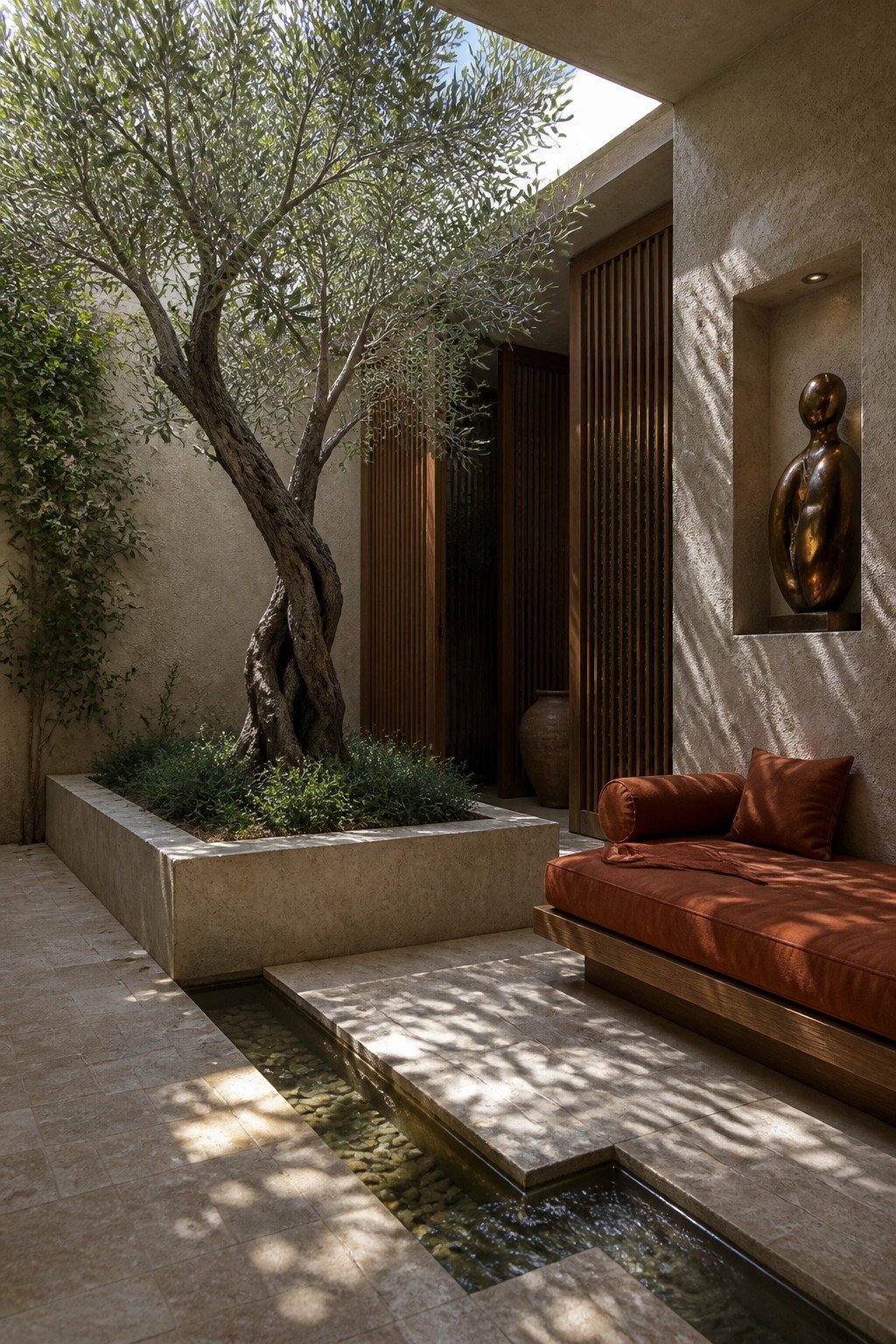 An outdoor courtyard features a raised concrete planter with an olive tree, a narrow water channel running alongside a wooden daybed with rust cushions, wooden screens, and a bronze sculpture in a wall niche.