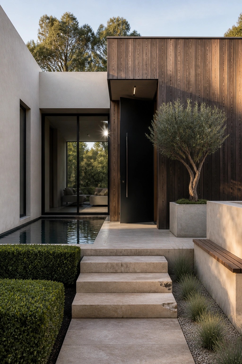 Modern villa exterior with concrete steps leading to a tall black door set in vertical dark wood siding, with a small tree in a concrete planter and a pool visible through glass doors.