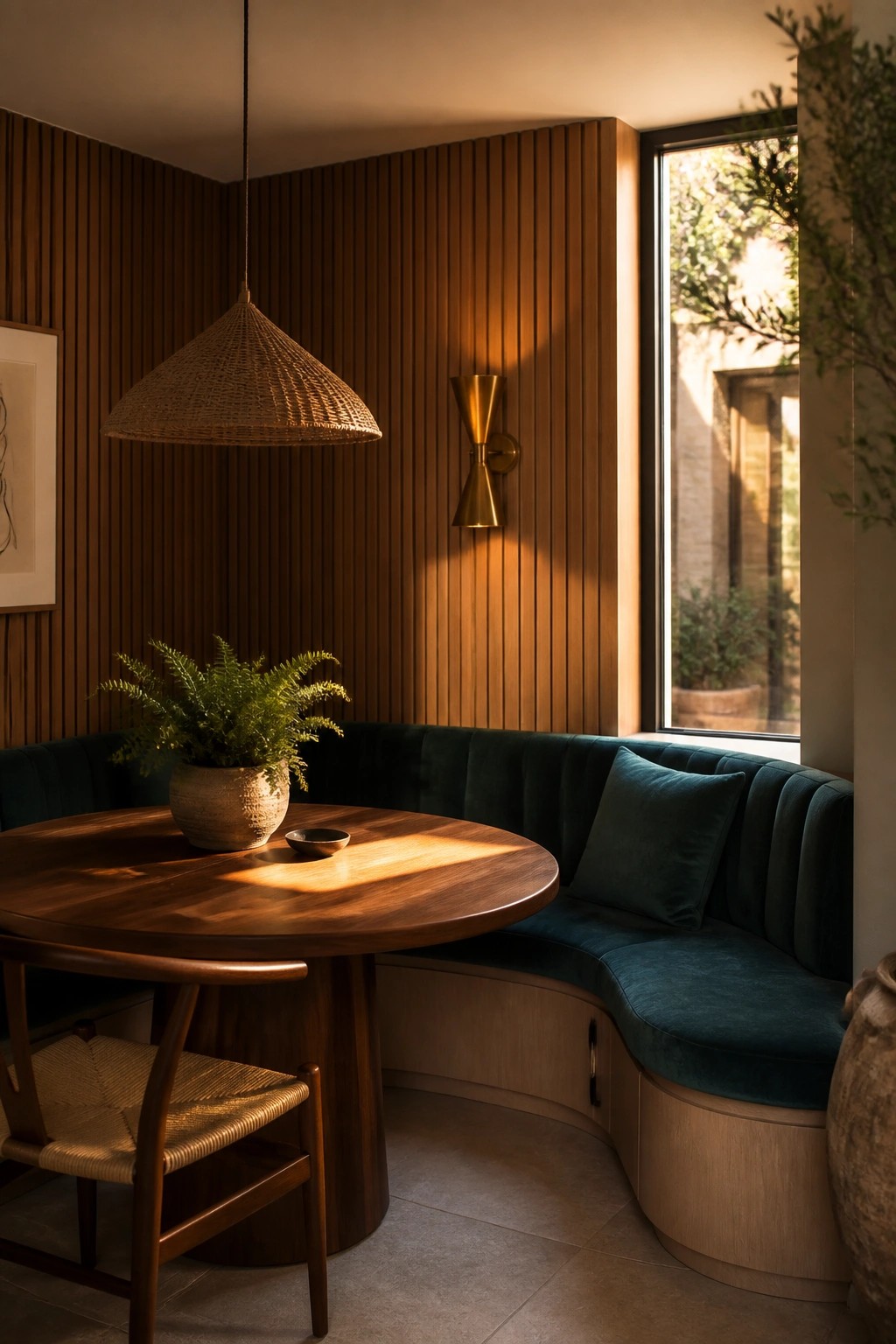 A round wooden dining table sits beside a curved teal velvet banquette in a room with vertical wood paneling, a woven pendant light, and a large window.