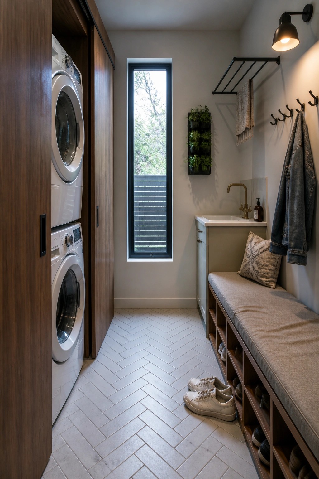 A narrow interior laundry room featuring stacked white washer and dryer units in dark wood cabinetry, a tall vertical window, utility sink, and a long built-in bench with open shoe storage cubbies below.