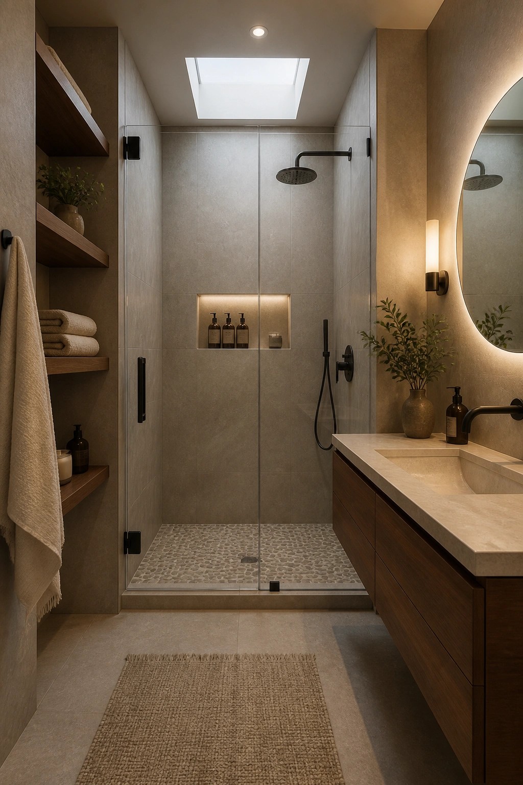 Modern bathroom with glass shower, pebble floor, skylight, wooden vanity, and round mirror.