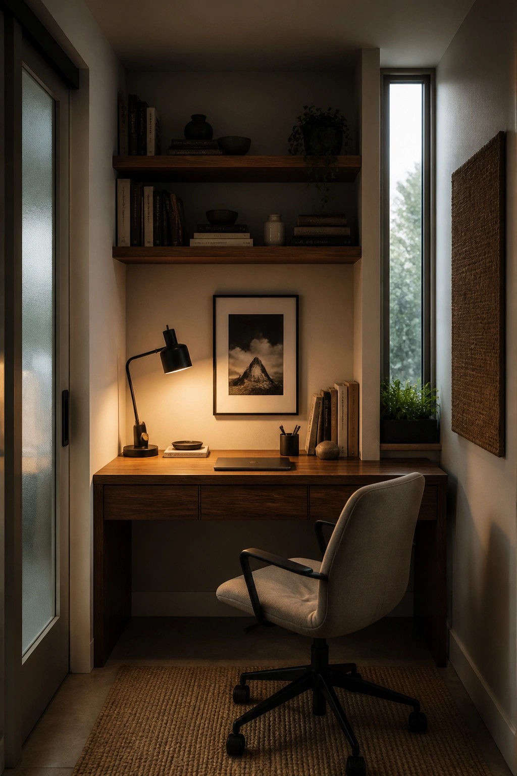 A small home office with a wooden desk, black desk lamp, framed artwork, and overhead wooden shelves holding books and decorative items, plus a rolling office chair on a woven rug.