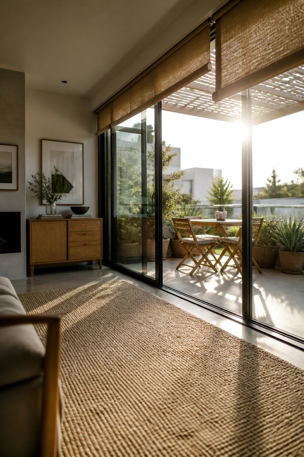 Large sliding glass doors open from a light-filled living room onto a small concrete patio furnished with wooden folding chairs, a round table, and several potted plants.