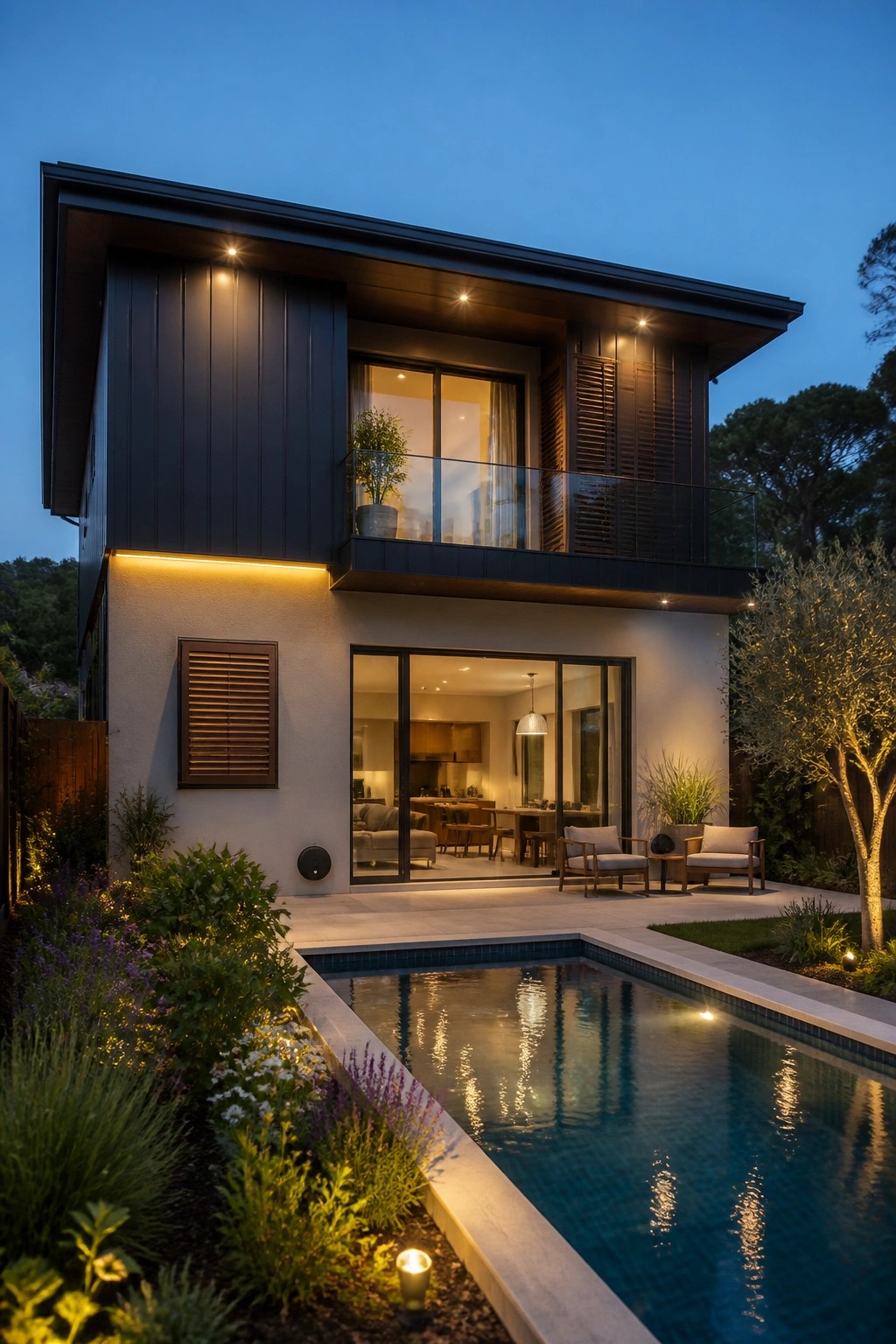 Modern two-story home with glowing pool, patio, and garden at dusk