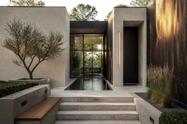 Modern villa exterior with concrete steps leading to a tall black door set in vertical dark wood siding, with a small tree in a concrete planter and a pool visible through glass doors.