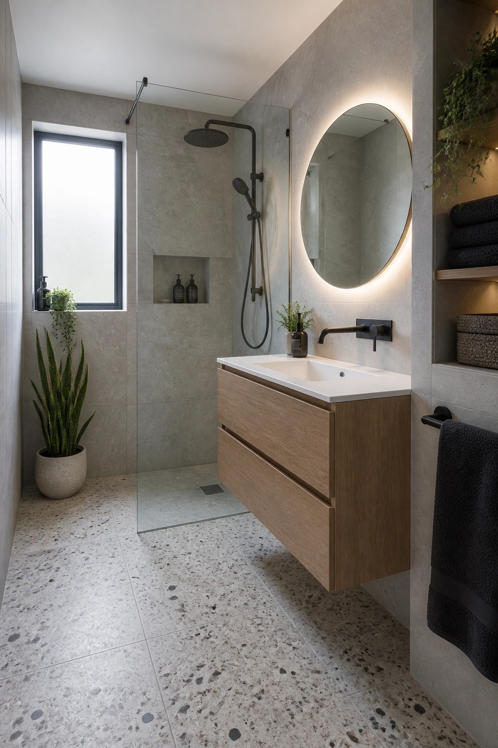 A modern bathroom with a floating light wood vanity, white sink, round backlit mirror, glass shower, and terrazzo tile floor.