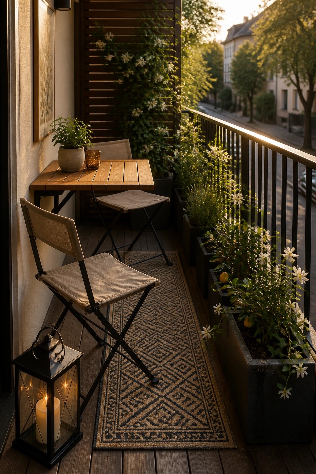A narrow balcony features a small wooden table with two folding canvas chairs, a long patterned runner rug, a lit lantern on the floor, and several planters with white flowers along the railing.