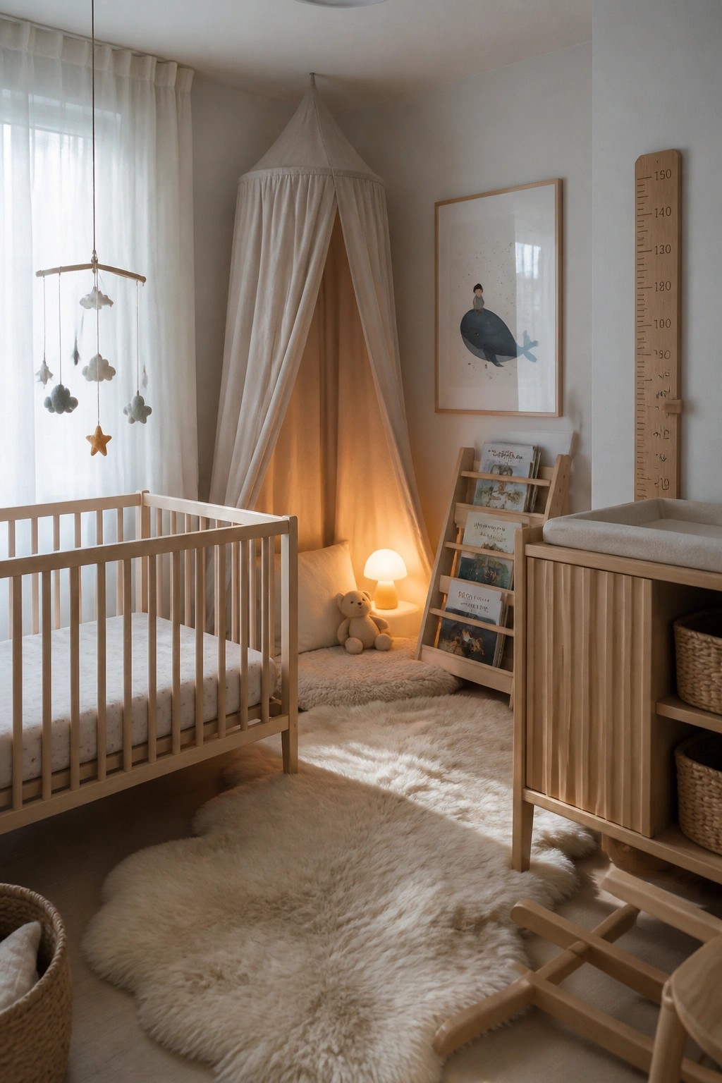 A light wood crib sits beside a draped fabric canopy in a neutral nursery with layered rugs and a small bookshelf.