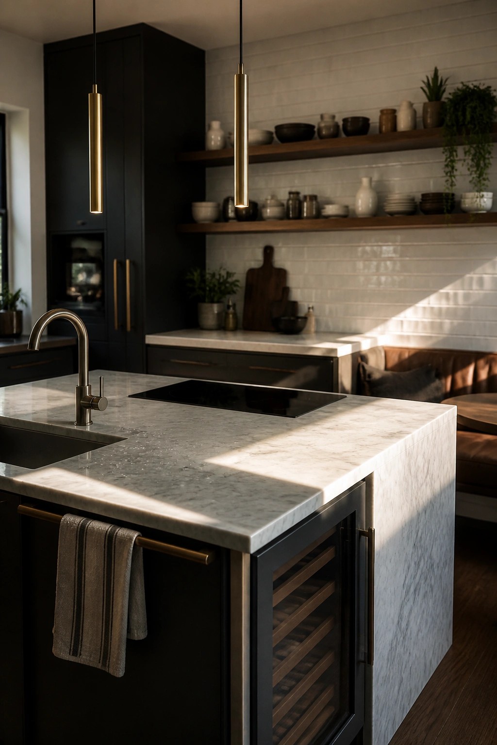 A modern kitchen with a marble-topped island that includes a sink, cooktop, and built-in wine fridge, dark cabinetry, and open wooden shelves on a white tile wall.