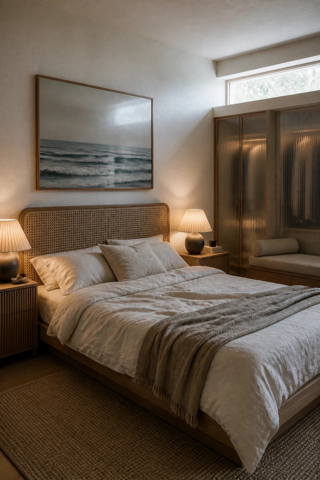 A bedroom with a large bed, woven rattan headboard, white linens, wooden nightstands, and a large seascape painting on the wall above the bed.