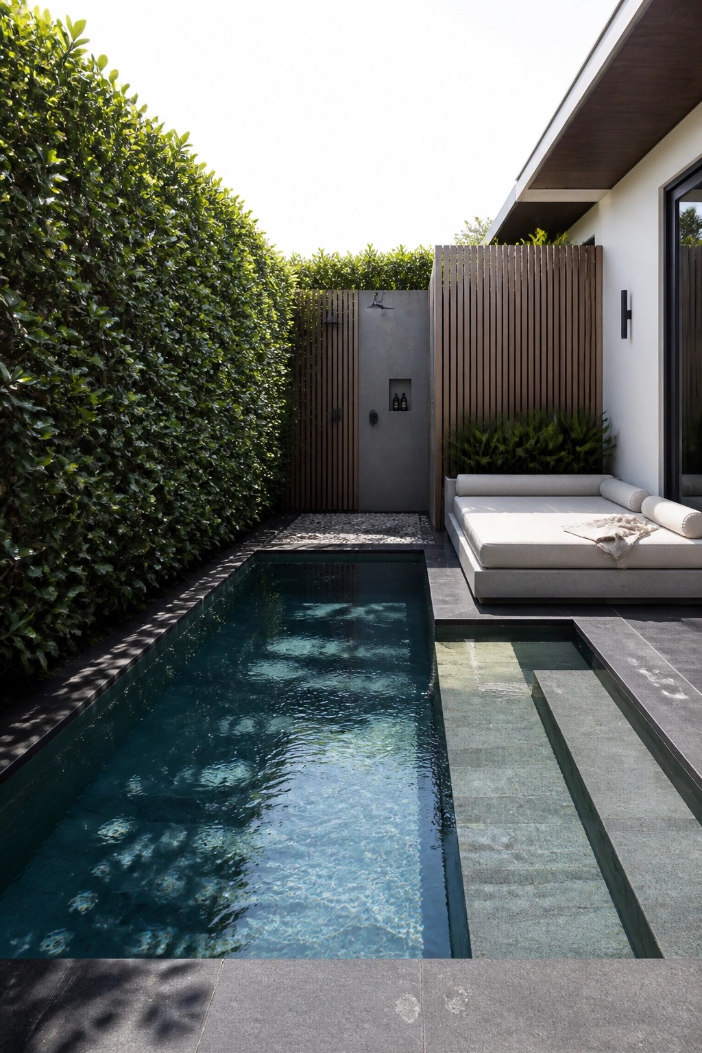 Modern lap pool beside white daybed, wooden screens, and lush green hedge