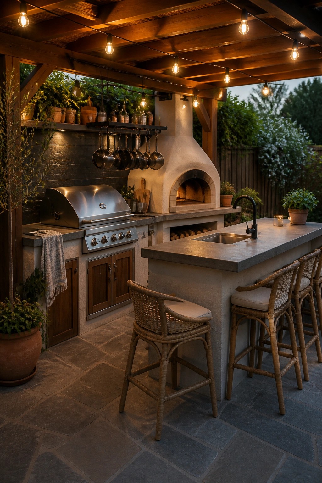 An outdoor kitchen under a wooden pergola includes a stainless steel grill, a stone pizza oven, a concrete bar counter with sink, and several woven bar stools on a paved patio.