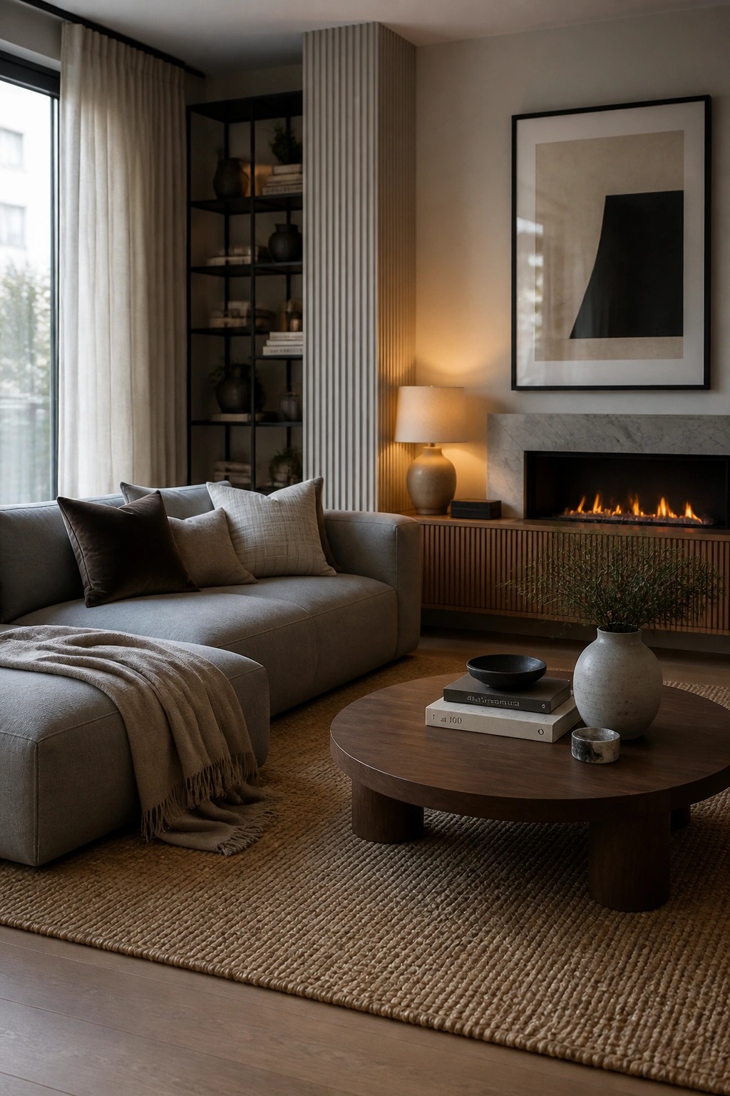 A modern living room featuring a gray sectional sofa, round wooden coffee table on a jute rug, built-in shelving, and a fireplace with abstract art above it.