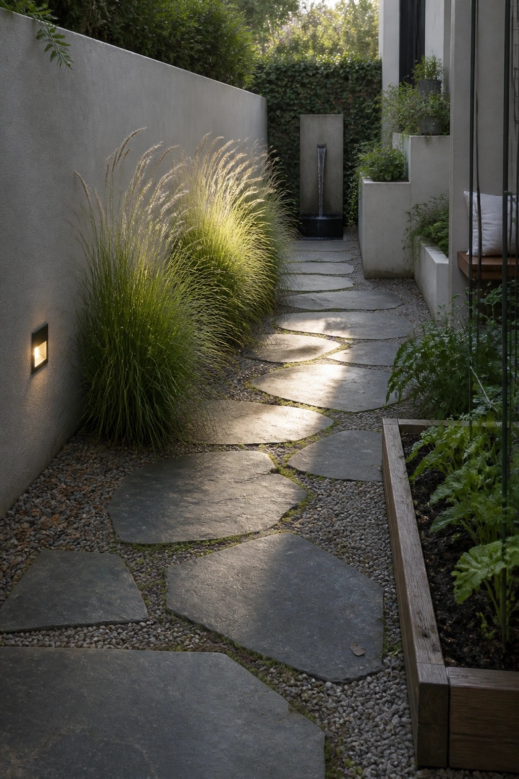 Stone pathway winds through gravel garden with lit grasses and water fountain.
