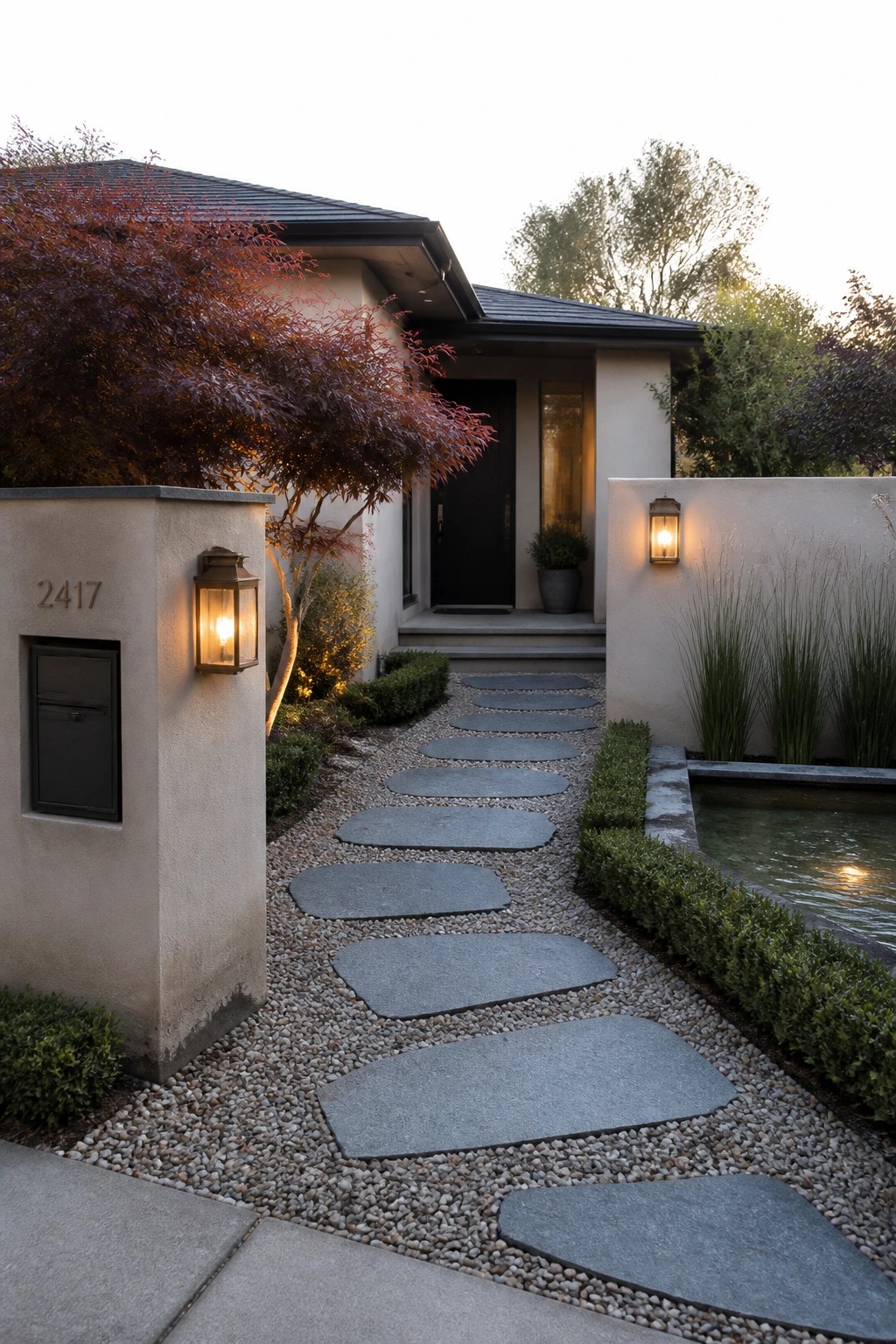 A modern house front with a gravel path of large gray stepping stones leading to a black door, a lit lantern on a stone pillar with the number 2417, and landscaping on both sides.