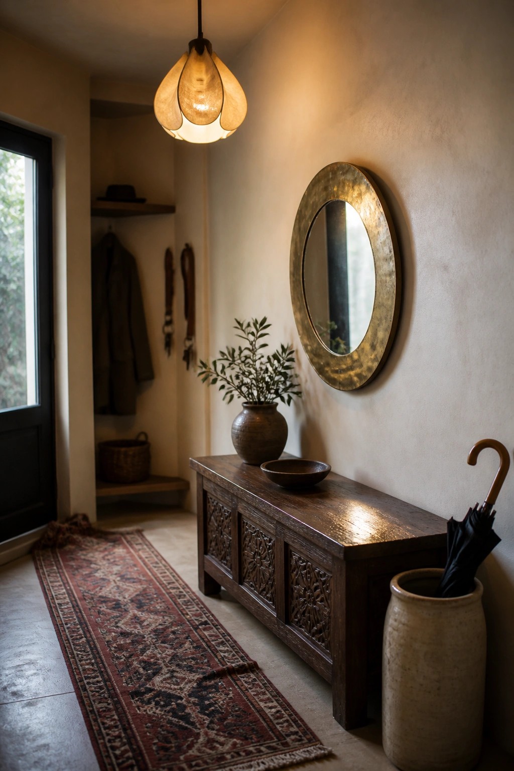 A narrow interior entryway shows a long carved dark wood console table under a round gold mirror, with a patterned runner on the floor and a large ceramic umbrella holder nearby.