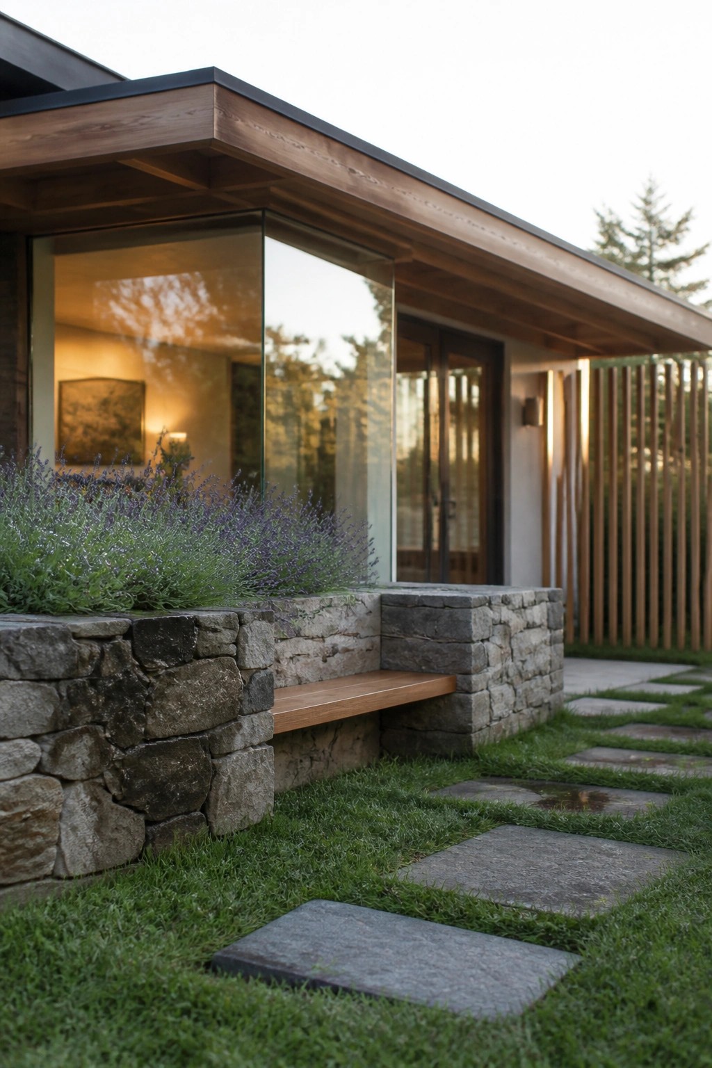 A modern house exterior with a low stacked stone wall that incorporates a wooden bench, positioned below large glass windows and beside a stone path through grass.