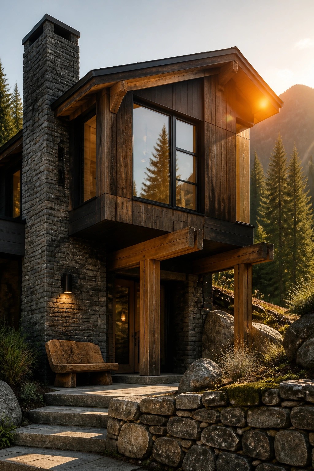 A modern house exterior with a tall stone chimney, dark wood siding and beams, large windows, and a stone wall and steps at the entrance.
