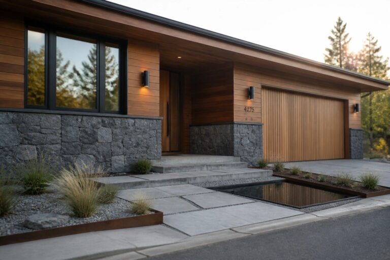 Modern house with wood siding, stone walls, steps, garage, and water feature