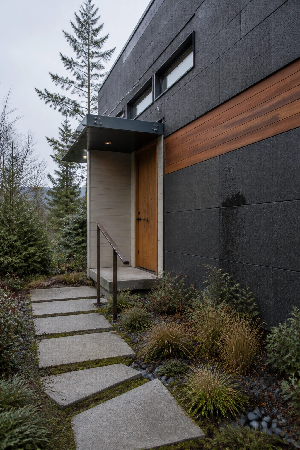 A modern house exterior featuring dark stone panels with a horizontal wood accent band, a wooden front door under a metal canopy, and a concrete pathway with surrounding plants.