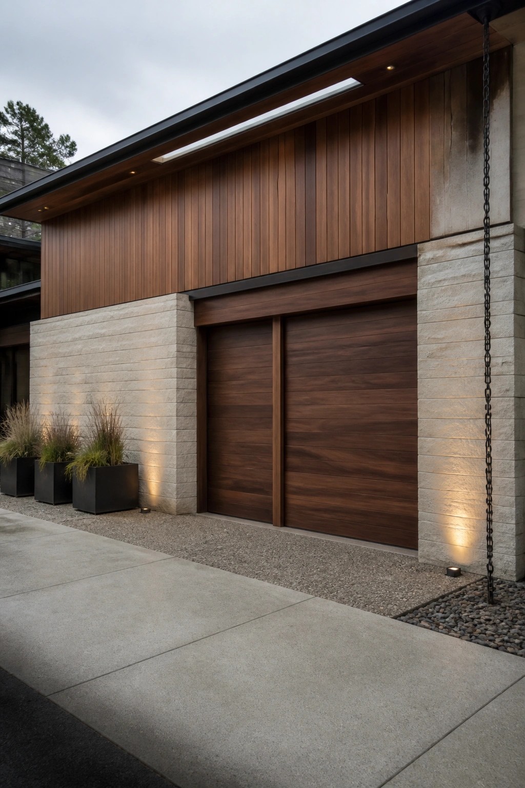 Modern home with dark wood garage door, stone walls, concrete driveway, and recessed lights