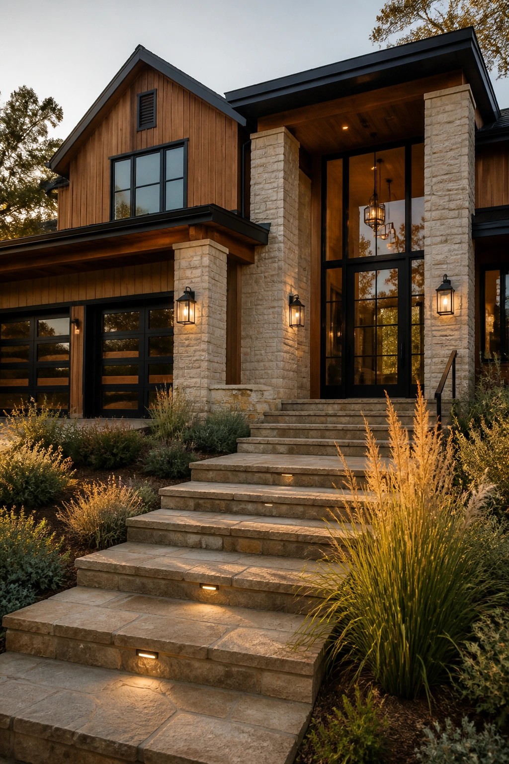 Modern house exterior with stone pillars, wood siding, black-framed windows, and stone steps leading to the entrance.