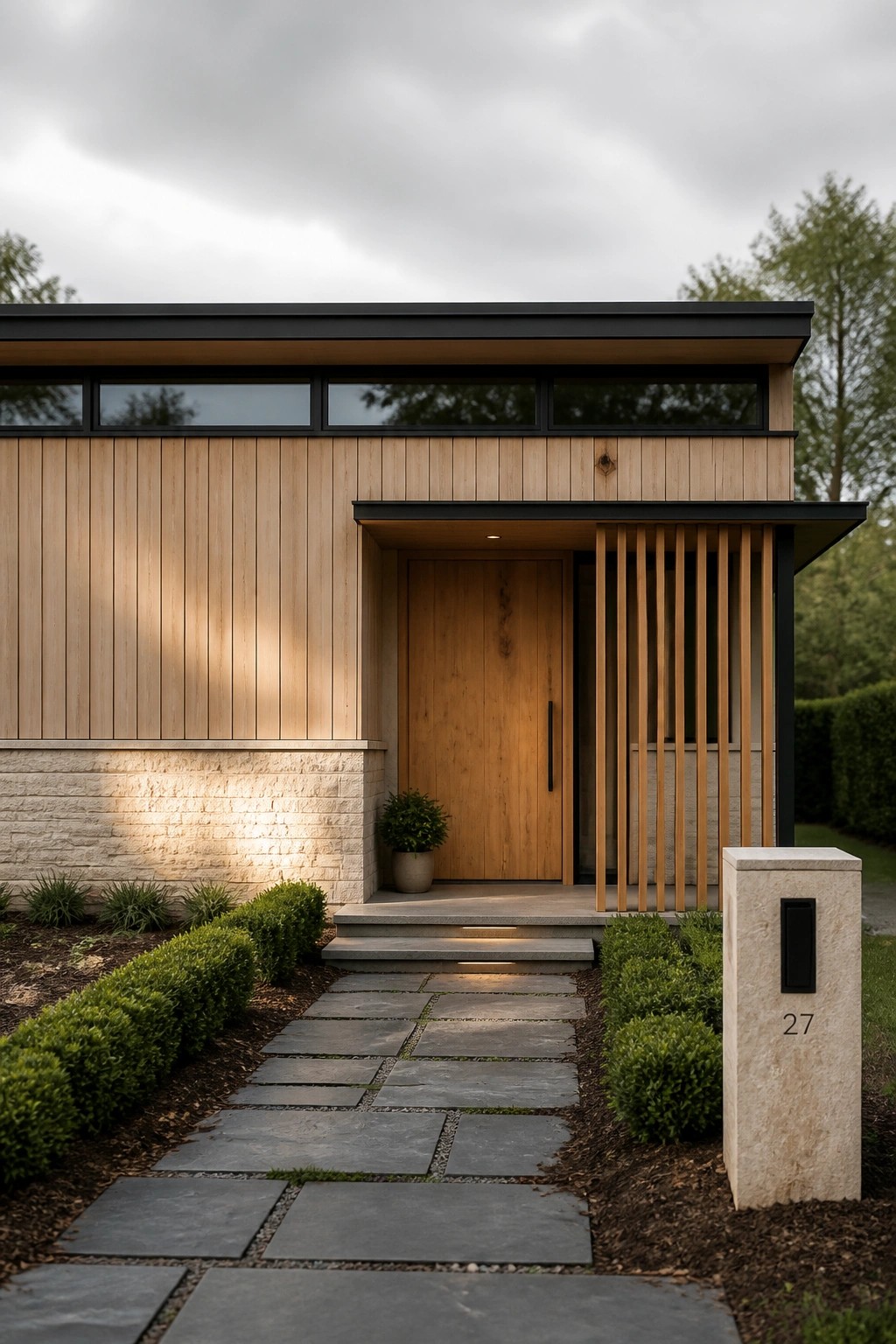 Modern house exterior with light wood siding, a stone base, a wooden front door, vertical wood slats, and a stone paver walkway.