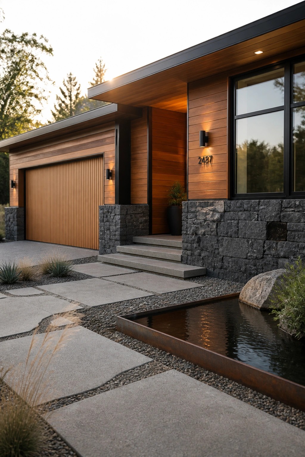 Modern house with wood siding, stone walls, steps, garage, and water feature