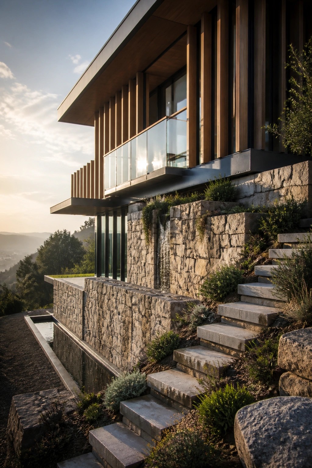 A modern house exterior featuring vertical wood cladding, large glass windows, and stacked stone retaining walls integrated into a hillside with concrete stairs and landscaping.