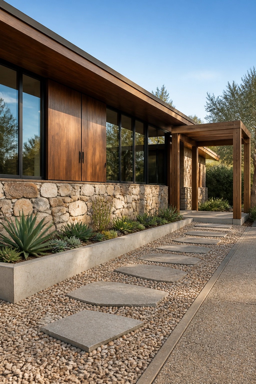 Modern house exterior with a rough stone base, vertical wood siding, black-framed windows, and a gravel path of large stepping stones leading past a wooden pergola.