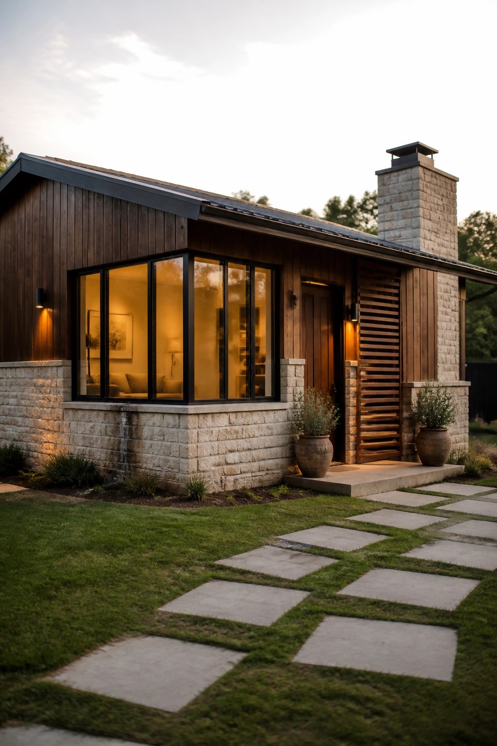 A modern single-story house with dark wood siding above a light stone base, a tall stone chimney, large black-framed windows, and a stone paver path set in grass.