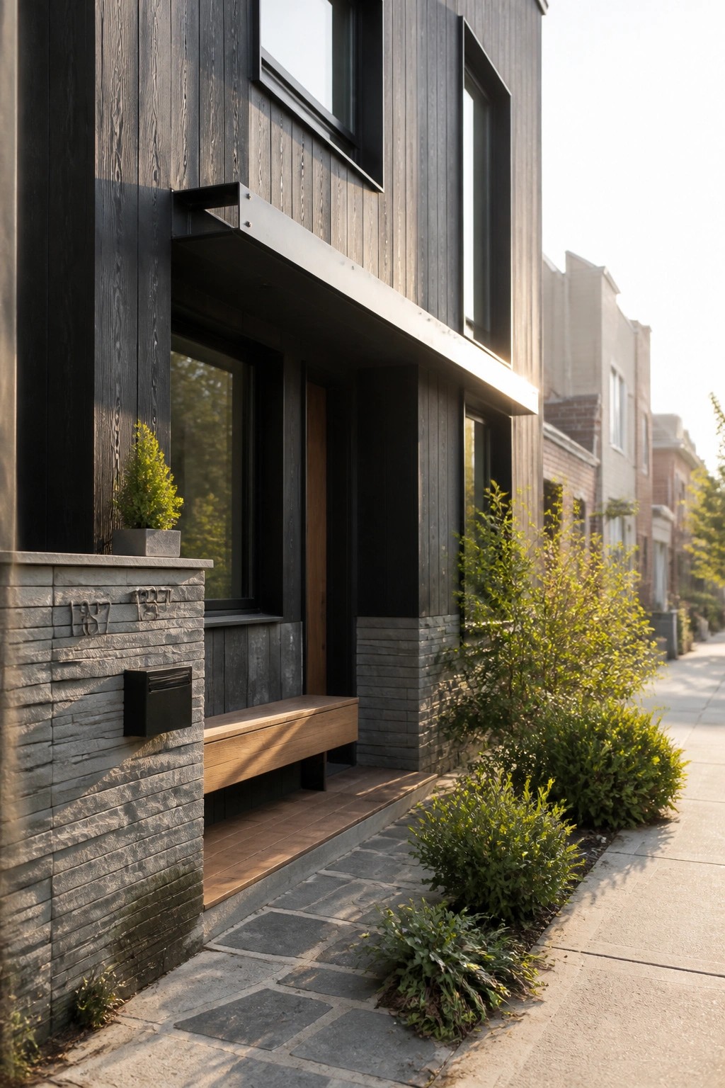 A modern house exterior with dark vertical wood siding above a gray stone base, featuring a built-in wooden bench, black mailbox, and house numbers at the entry.