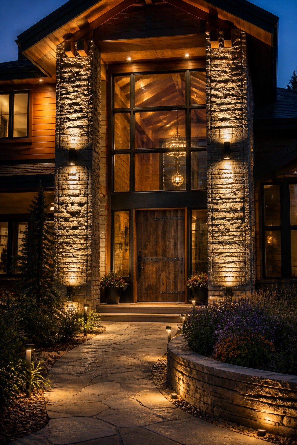 Warmly lit stone columns frame wooden door of rustic house at dusk