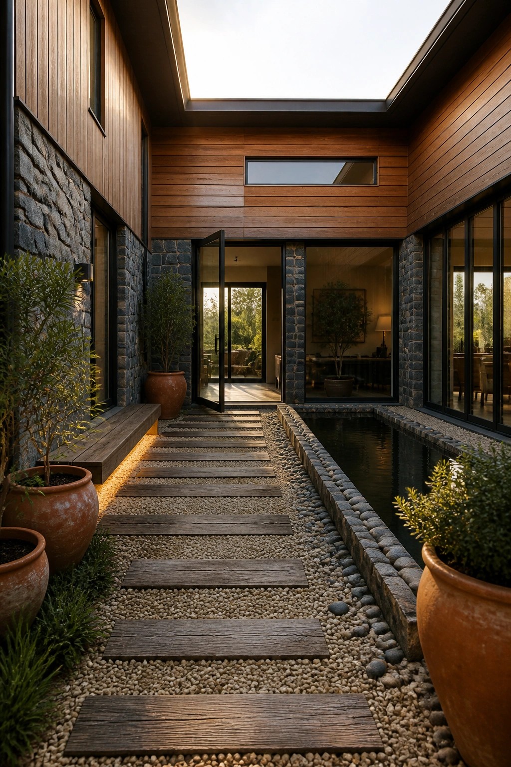 A modern courtyard path of wooden planks on gravel leads toward an open glass door, bordered by stone walls, terracotta pots, and a narrow stone-edged water channel.