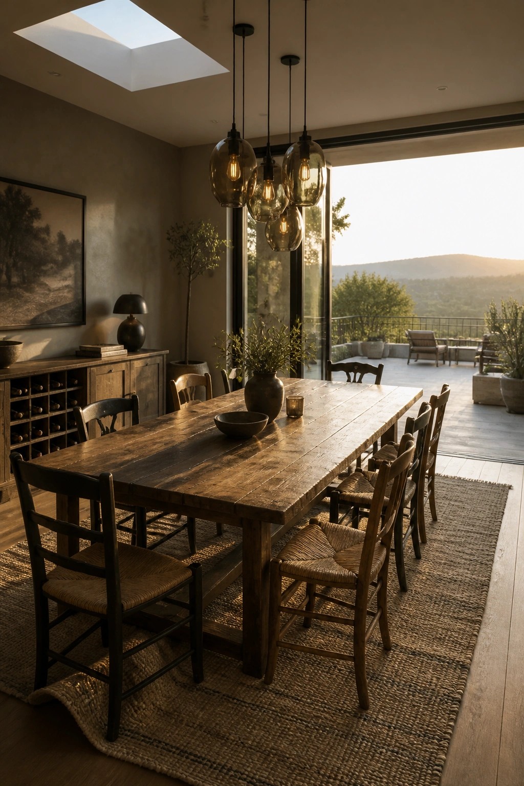 A long wooden dining table with woven-seat chairs sits on a jute rug beneath glass pendant lights in a room with a large open doorway to an outdoor deck.