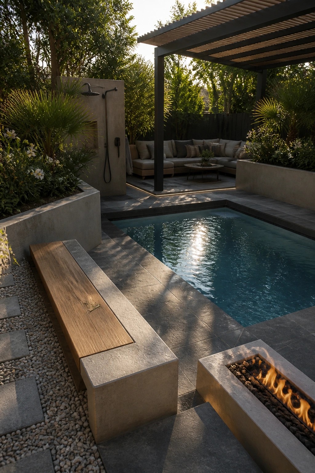 A modern backyard with a rectangular pool, linear fire pit on the concrete deck, wooden bench, outdoor shower on a concrete wall, and covered lounge seating in the background.
