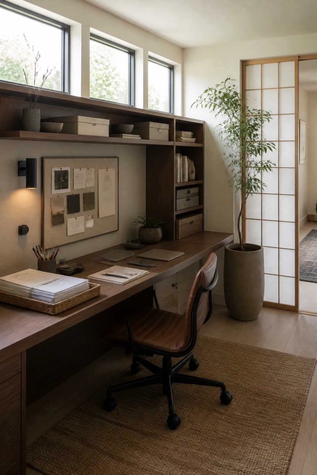 A home office featuring a long wooden built-in desk with overhead shelves, a brown leather office chair, and a large potted plant beside a sliding shoji screen door.