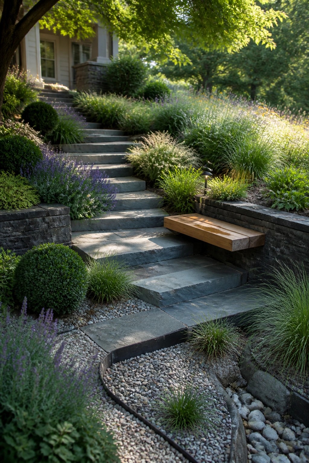 Stone stairs with a wooden bench built into the side, bordered by green plants and a gravel path.