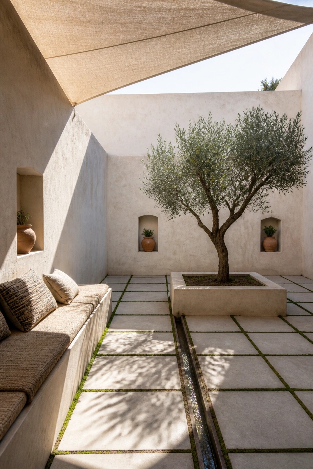 A courtyard with a long built-in bench along one wall, a central tree in a raised planter, stone pavers with grass joints, and a fabric shade overhead.
