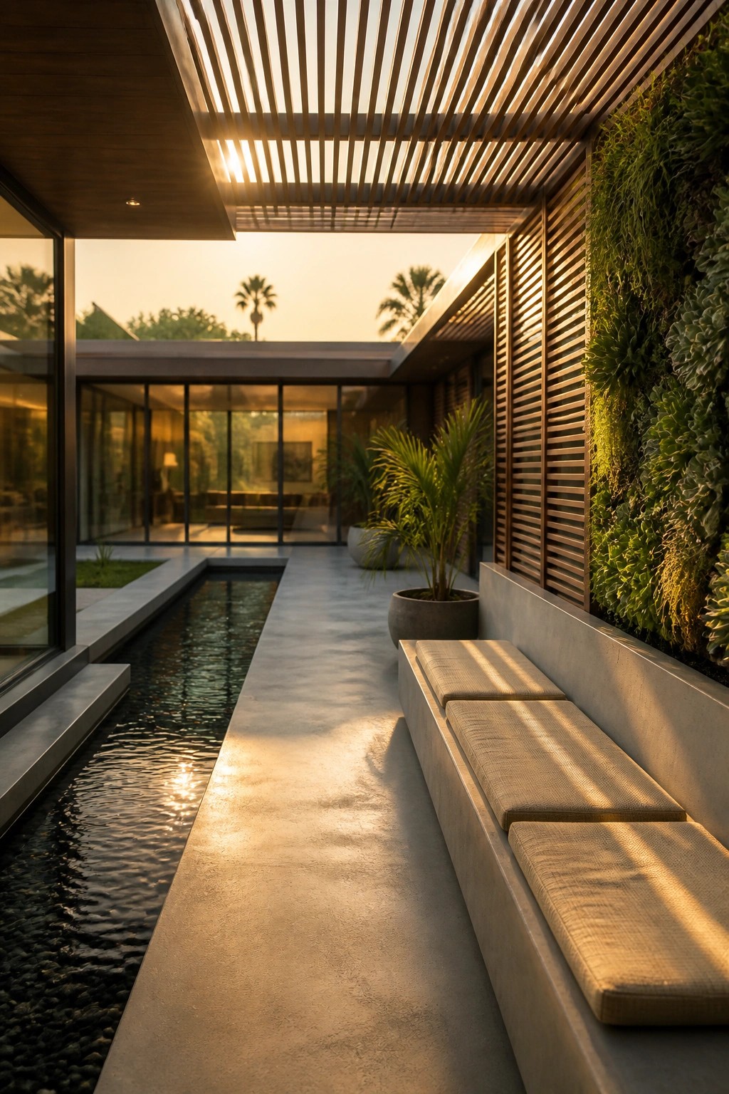 A covered outdoor walkway with a long built-in concrete bench with cushions on the right, a narrow water channel on the left, and a vertical garden wall at the far end.