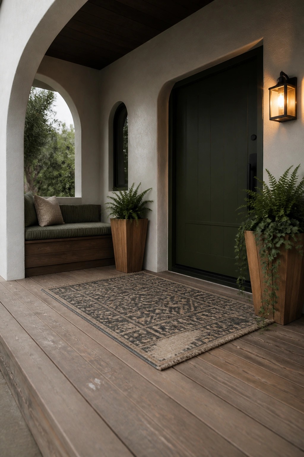 Arched porch with green door, wooden bench, patterned rug, and fern planters.