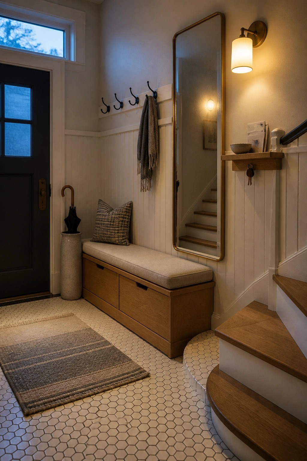 Cozy entryway with wooden bench, gold mirror, coat hooks, rug, and stairs.