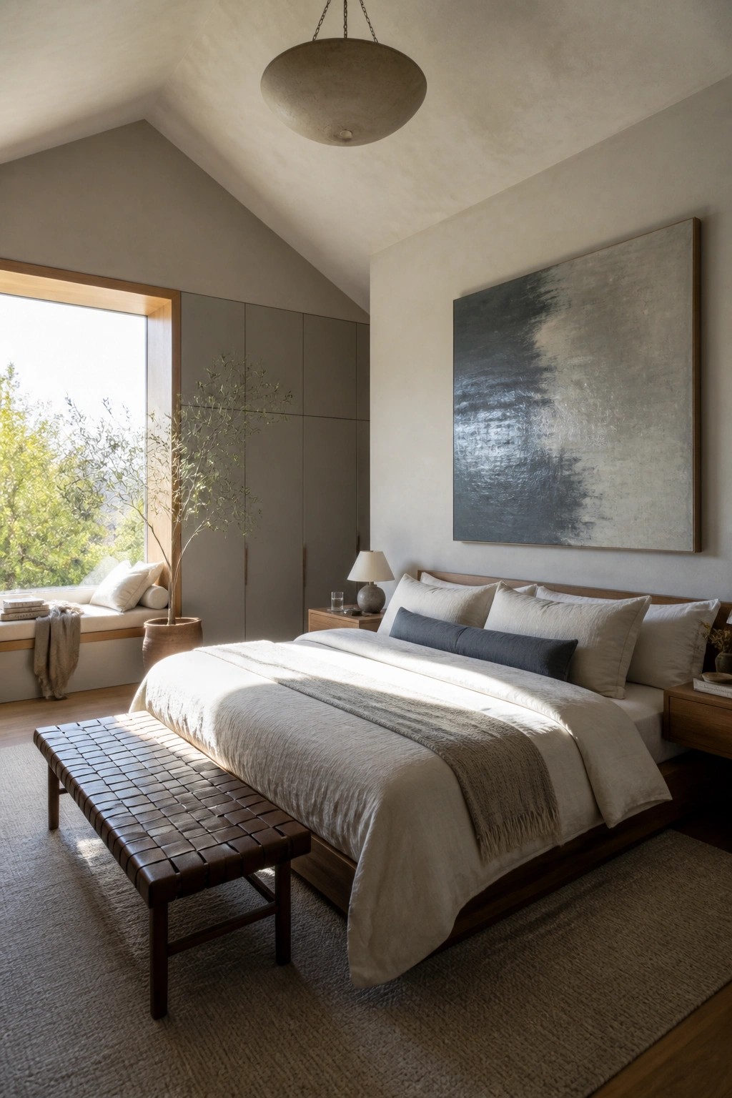 A contemporary bedroom with a large wooden bed, woven leather bench at the foot, abstract wall art, and a built-in window seat with cushions beside tall windows.