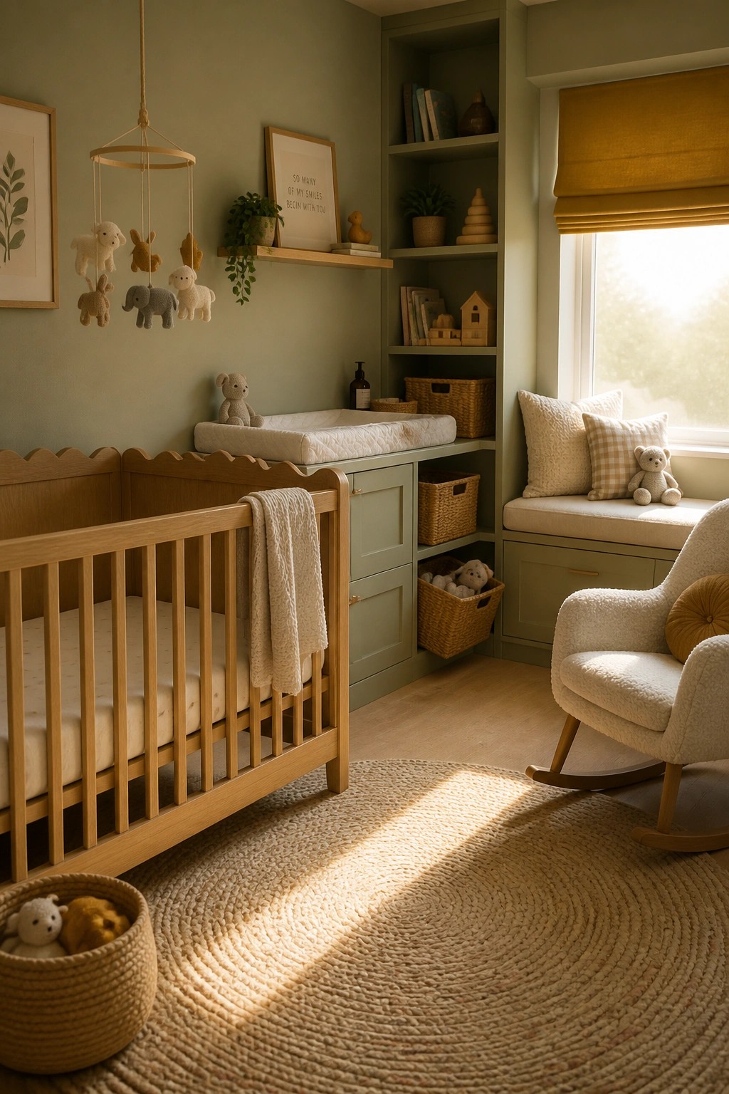 Cozy sage green nursery with wooden crib, changing table, rocking chair, and woven rug