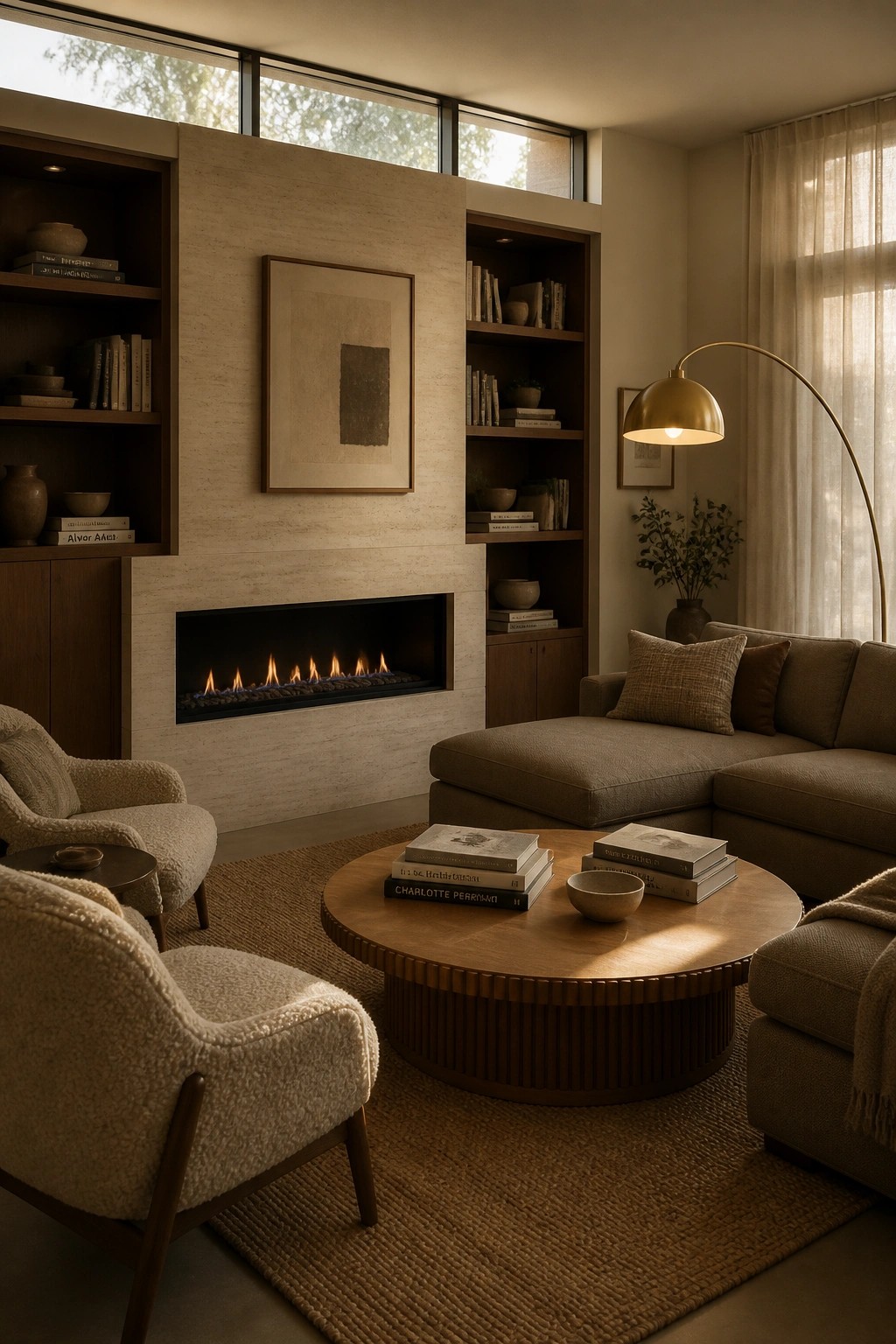 A modern living room features a linear fireplace set into a light stone wall, flanked by dark wood built-in bookshelves filled with books and decor, with a sectional sofa, two armchairs, and a round wood coffee table arranged on a woven rug.