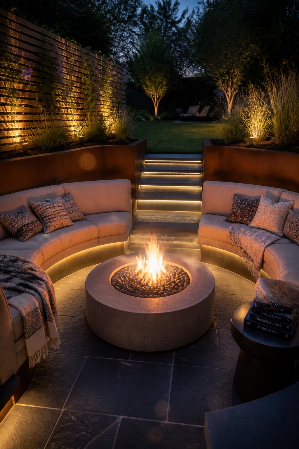 A circular concrete fire pit with a burning fire is surrounded by two curved outdoor sofas on a dark stone patio, with illuminated steps leading to a lawn and trees beyond.